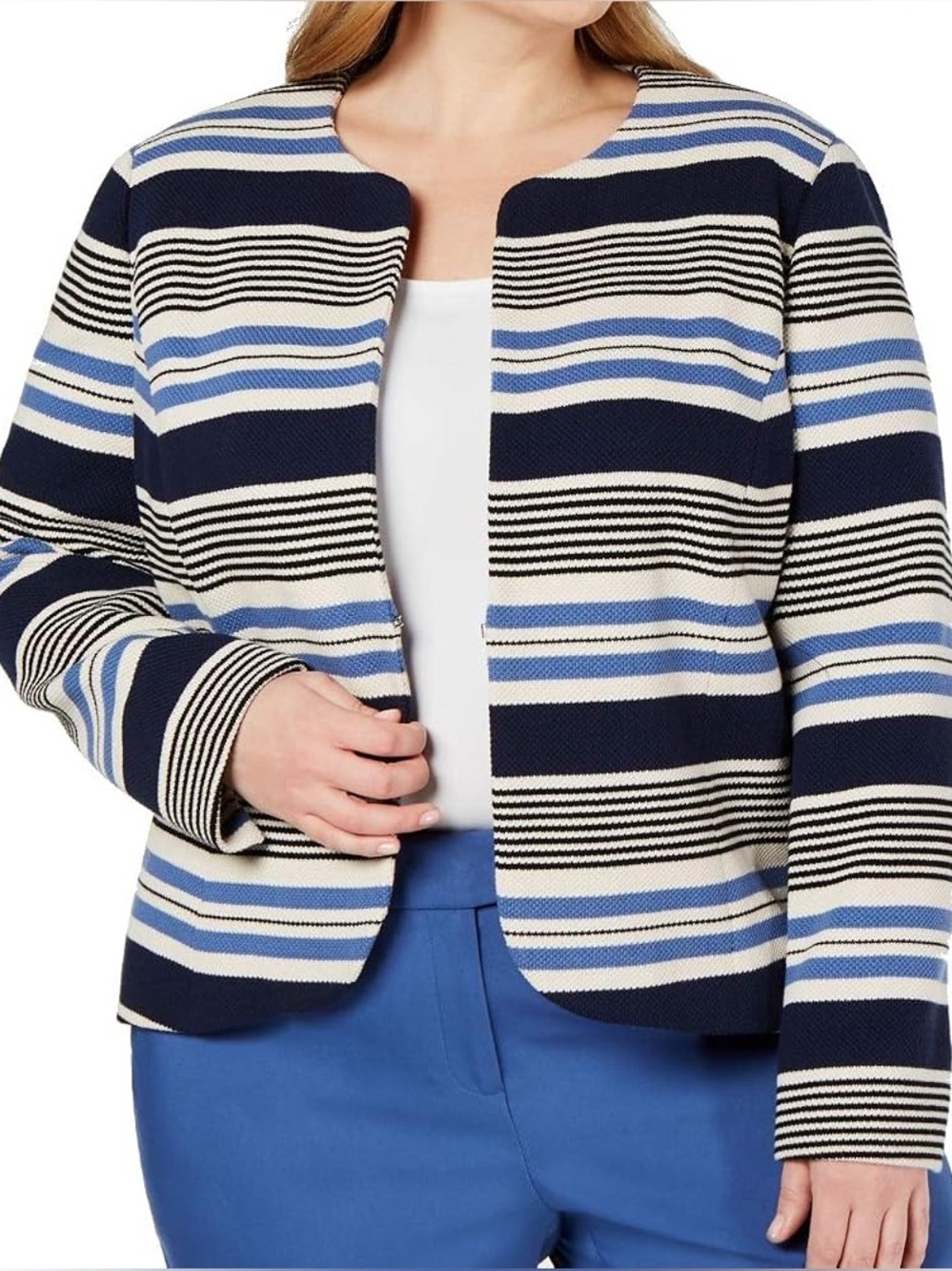 NWT Anne Klein Tulip Blazer Jacket Rainshadow Blue White Stripe Combo Size 16